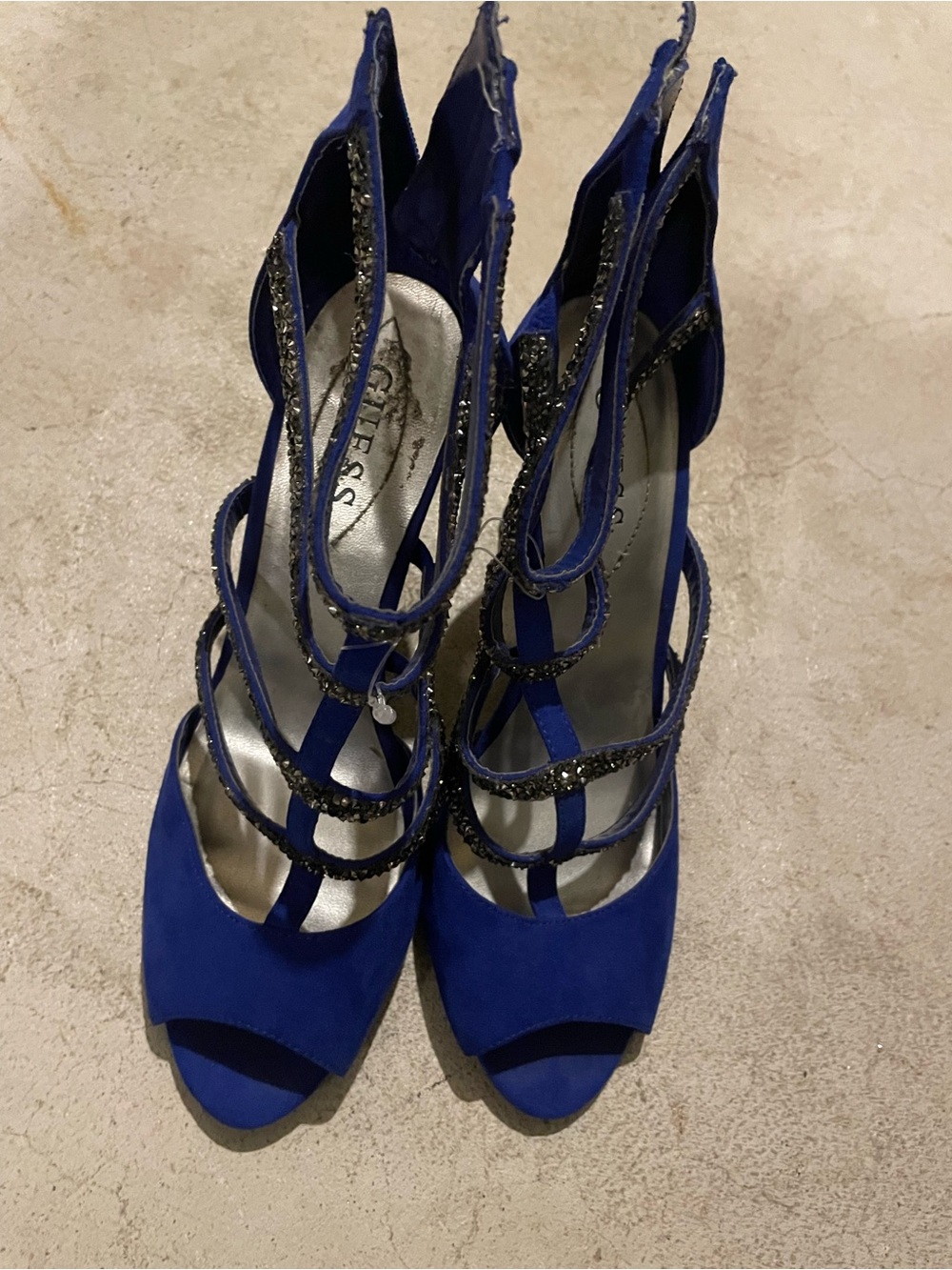 Guess Cobalt Blue Strappy Glitter Peep-Toe Heels